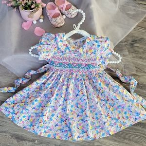 Floral Hand-Smocked Embroidered Toddler Girl Dress. Girl Easter Dress. Size 4T